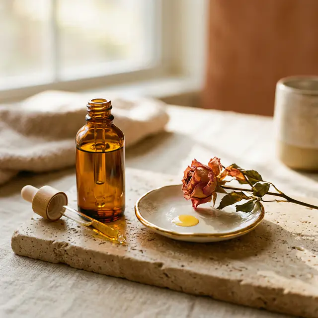 An amber dropper bottle, a dish holding a drop of golden oil and a dried rose on a travertine slab.