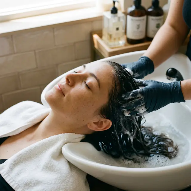 Gloved hands lather a client's hair at a basin