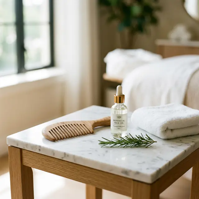 A wide-tooth wooden comb, a dropper bottle of hair oil, a rosemary sprig and a towel on a marble table.