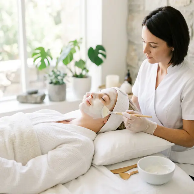 A practitioner in a white tunic brushes a white mask onto a reclining client, a monstera and bright window behind.
