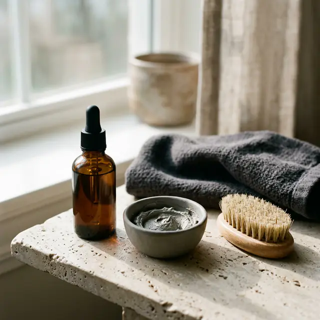 Gray clay, a dropper bottle and a bristle brush
