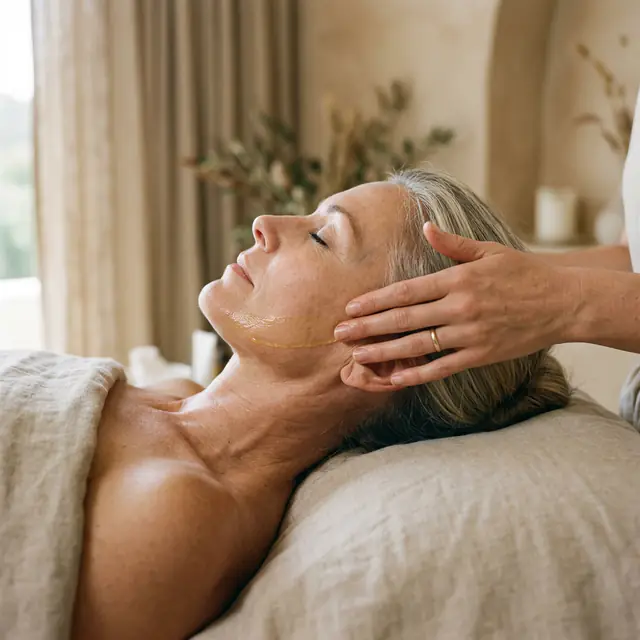 A mature client with gray-blonde hair rests, eyes closed, as a hand works at her temple, oil along her jaw.