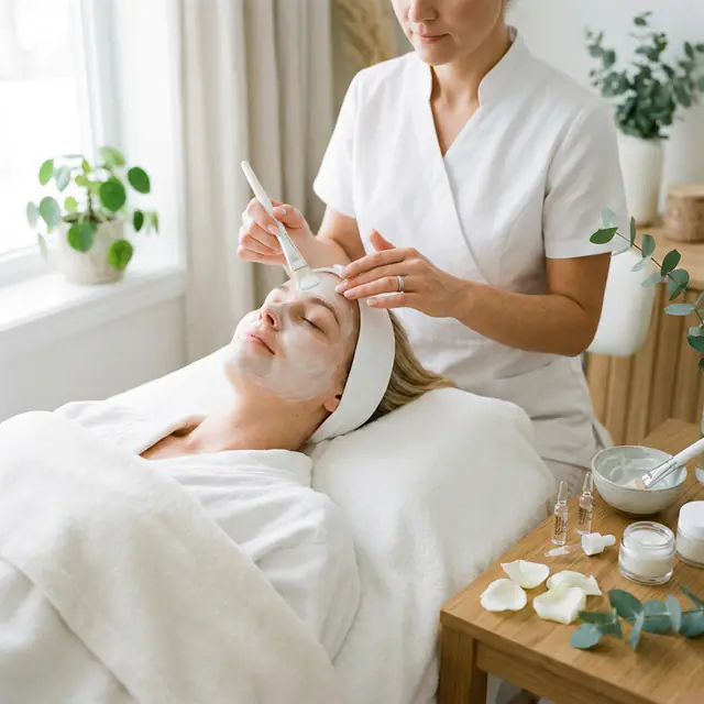 A client in a cream mask and headband rests under a blanket as a practitioner brushes it across her brow.