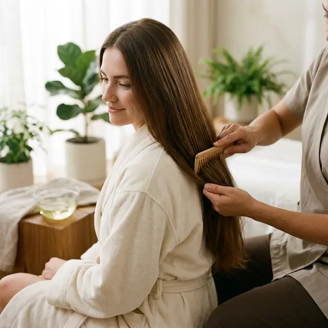 A wooden comb drawn through long, glossy hair
