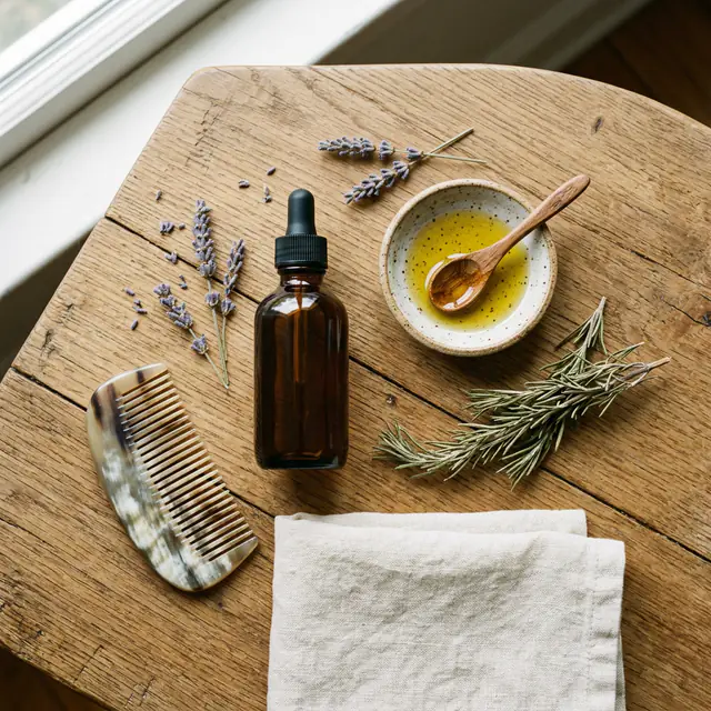 Herbal oil, lavender, rosemary and a horn comb