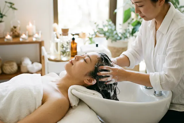 A practitioner in white linen works a rich lather through a relaxed client's long dark hair at a shampoo basin.