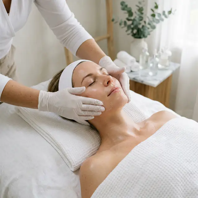 White-gloved hands rest on the cheeks of a client in a headband, under a waffle blanket in a bright room.