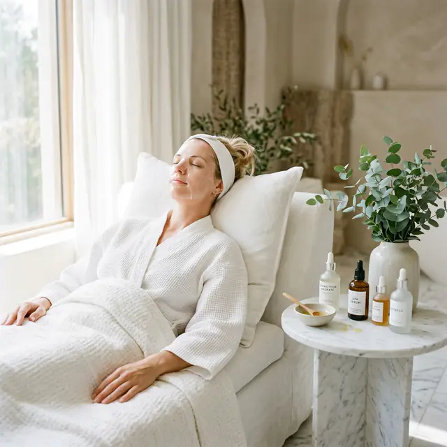 A woman in a waffle robe and headband reclines on a white daybed in a clear sheet mask, eucalyptus nearby.
