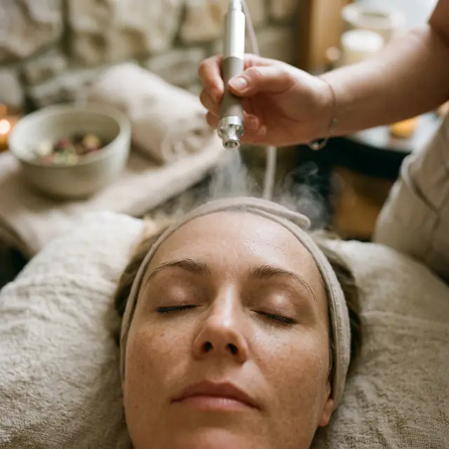 Seen from above, a client in a linen headband rests, eyes closed, as a handheld wand mists above her forehead.