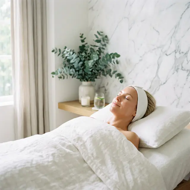 A woman in a white headband rests under white linen with her eyes closed, eucalyptus and a marble wall behind.