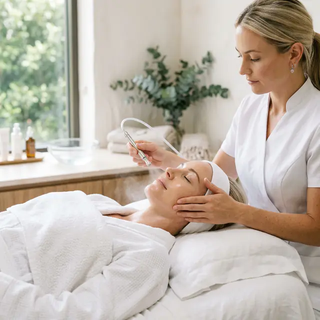 A practitioner in a white tunic mists a relaxed client's face with a spray wand, a hand at her cheek.