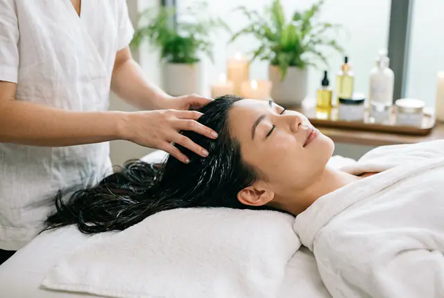 Hands massage a smiling client's scalp on white towels