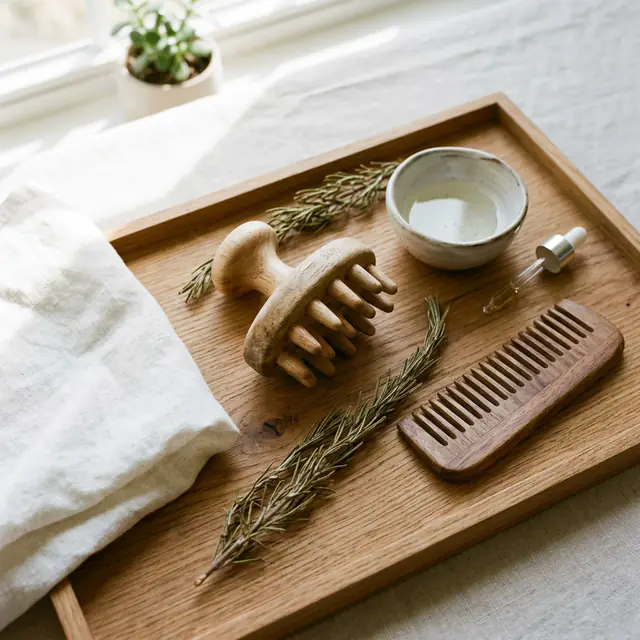 An oak tray holding a wooden scalp massager, a wooden comb, rosemary sprigs, a dish of oil and a dropper.