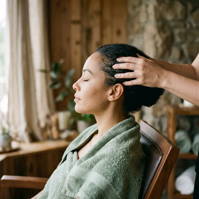 A woman in a robe relaxes during a seated scalp massage