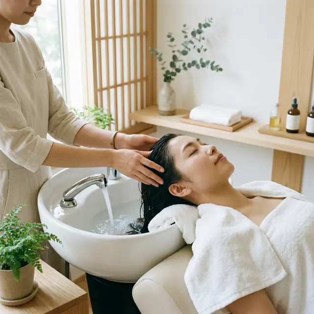 Fingertips press along a client's hairline at a shampoo basin