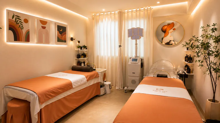 GK Hair Haven's warmly lit treatment room with orange-covered treatment beds, framed artwork and white curtains.