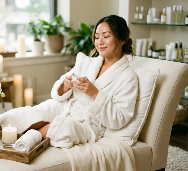 A smiling woman with a cup of tea on a cream chaise