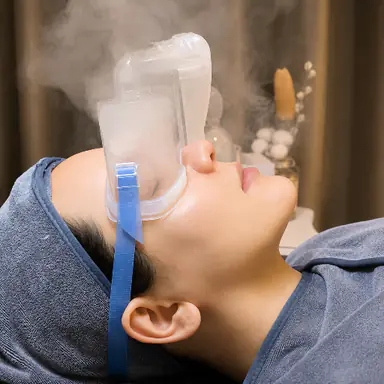 A client lies back wearing clear misting eye goggles, a slate-blue towel around her head and a fine mist rising.